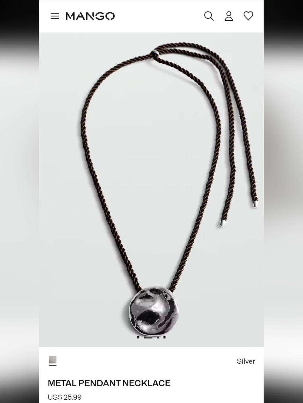 Adjustable Dark Brown Cord Long Necklace with Organic Silver Pendant